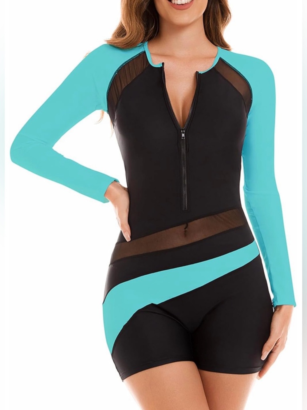 NWT NESY Teal Rash Guard UPF 50 Boy Leg Long Sleeve 1Pc Zipper Front Women’s M